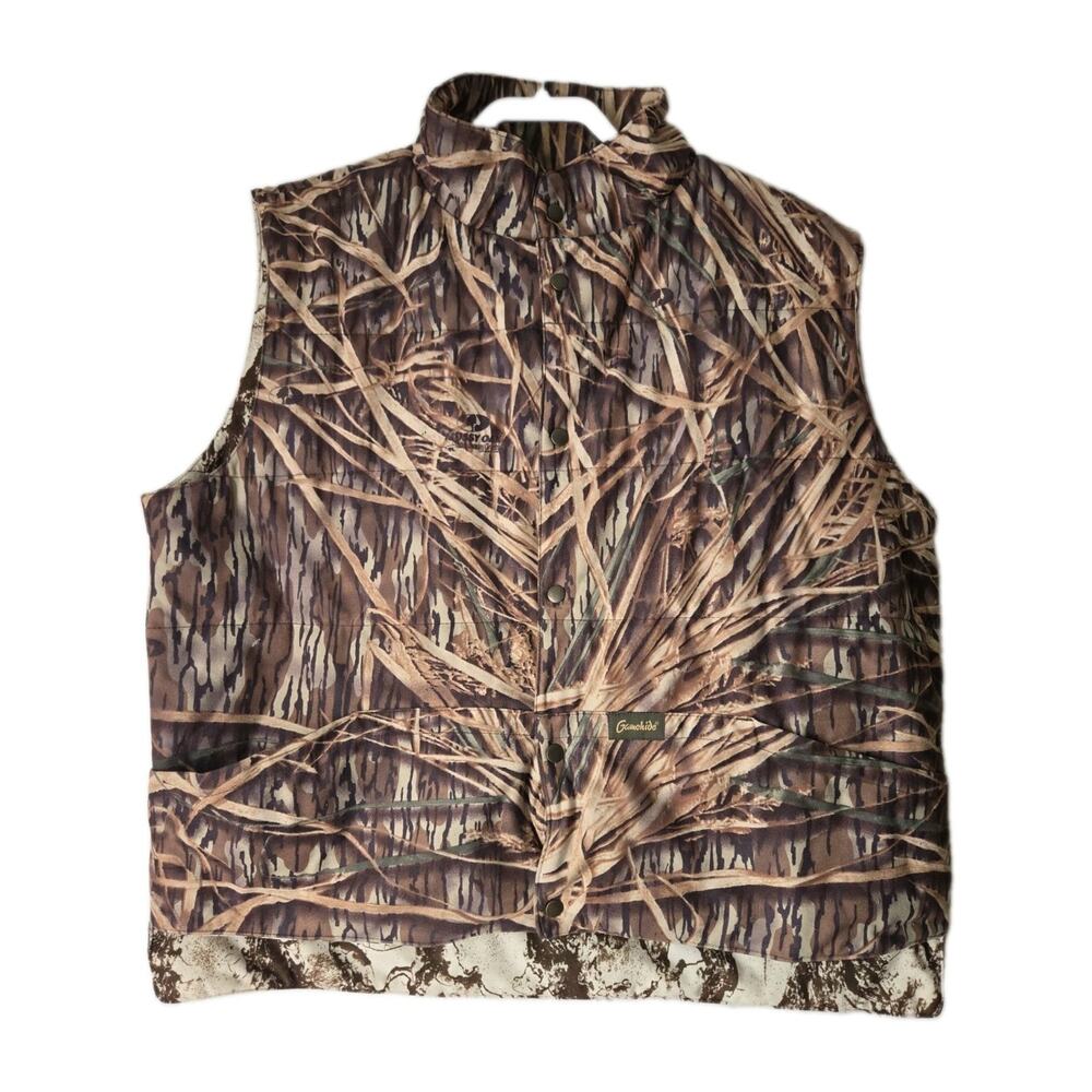 Vintage Game Hide XL Reversible Mens Hunting Vest Mossy Oak Grass & Snow Camo
